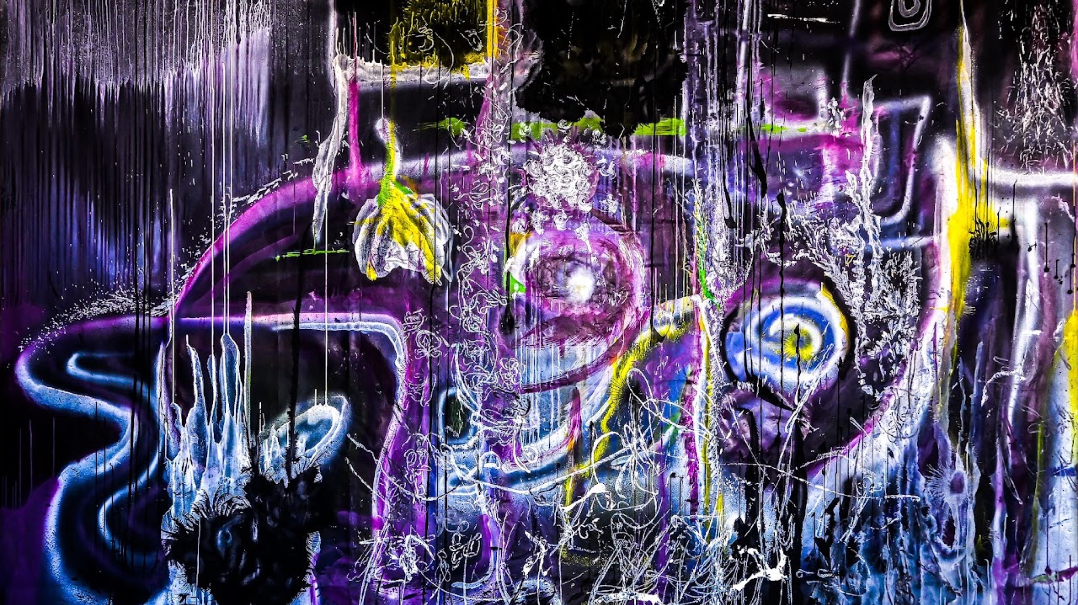 Nocturnal abstract painting with glowing lines