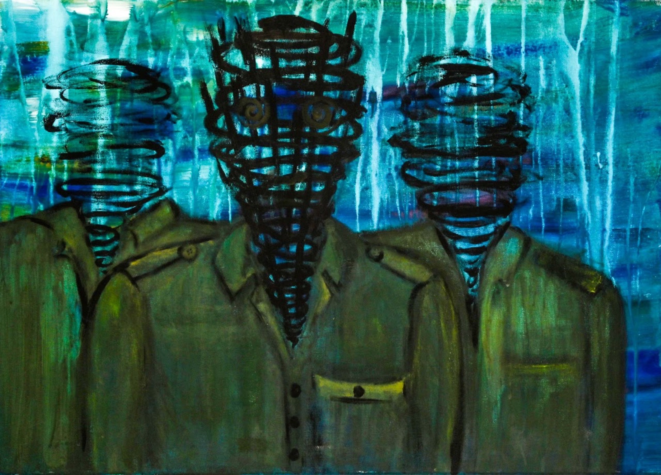Blue painting with three distorted figures