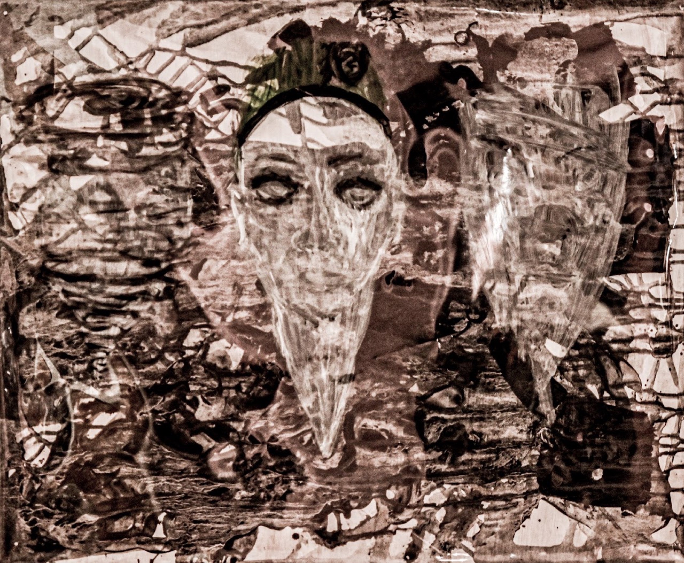 Painting with three mask-like faces