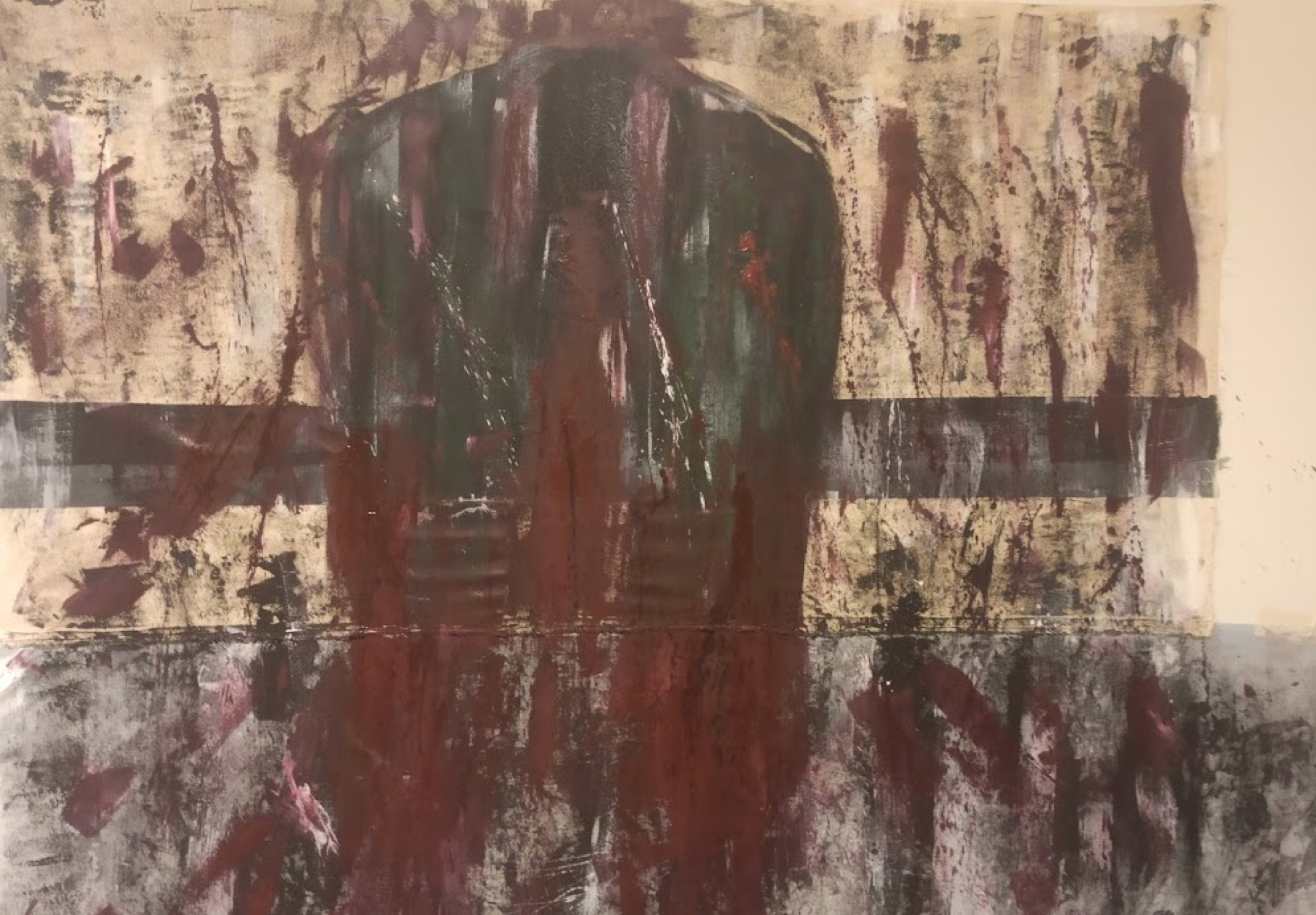 Painted paper work with dark red central figure