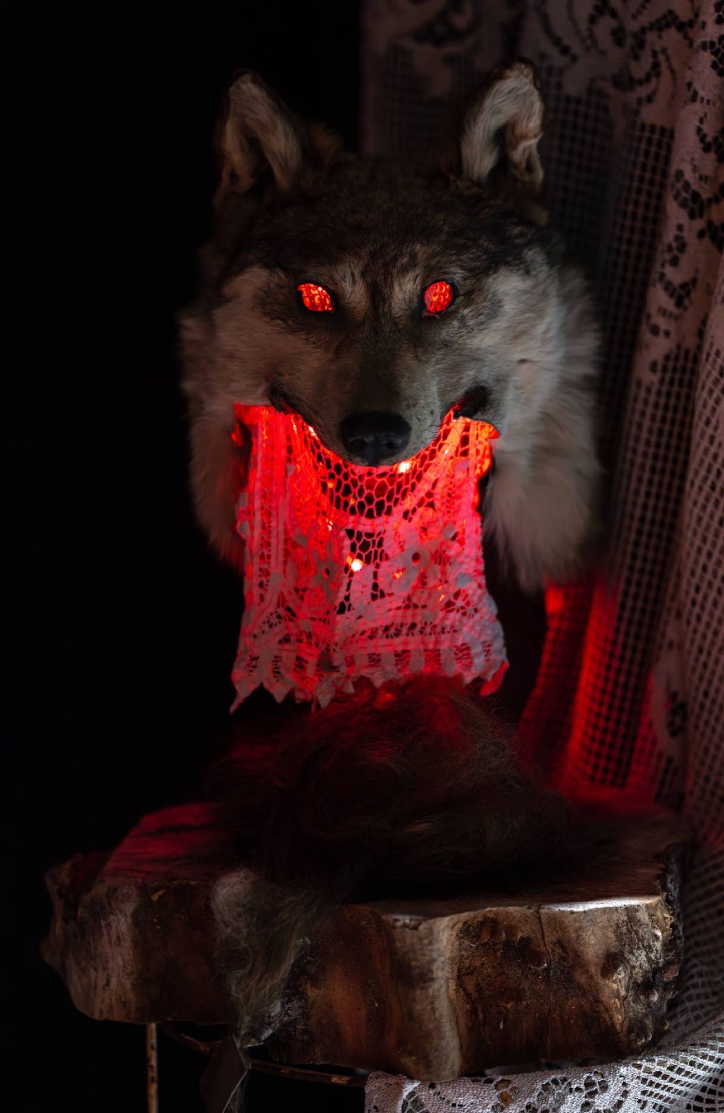 Wolf form with glowing red eyes and lace